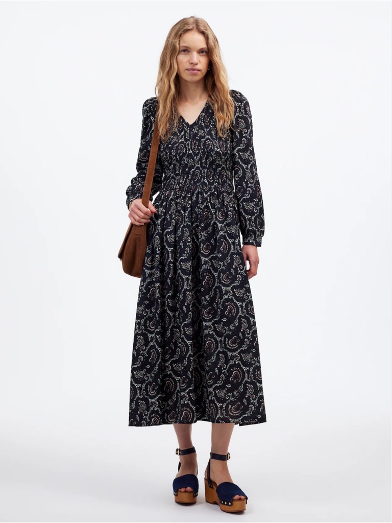 Madewell Navy Paisley Long-Sleeve V-Neck Maxi Dress